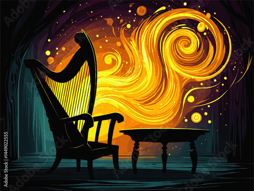 Enchanting Fantasy Harp and Swirling Magical Lights in Vibrant Night Forest – Whimsical Digital Art Illustration