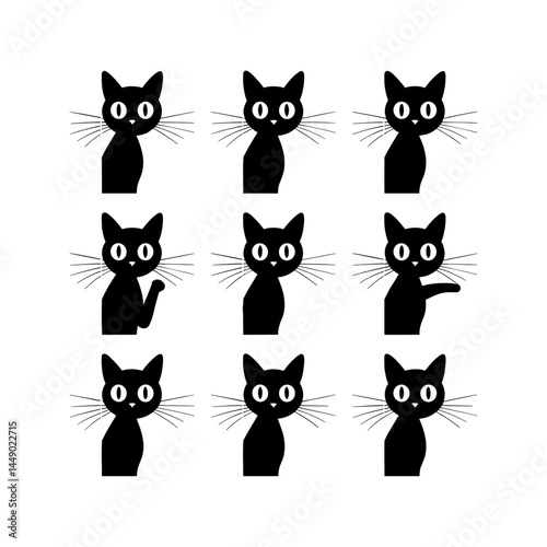 A collection of playful black cat faces peeking out from corners, as if spying or curiously watching you. Stylized, expressive designs perfect for tattoos or minimalistic art