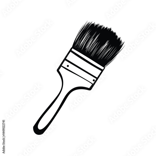 Paint Brush Icon with Bristles, Black Outline on White Background, Tool Silhouette