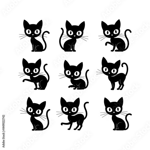 A collection of playful black cat faces peeking out from corners, as if spying or curiously watching you. Stylized, expressive designs perfect for tattoos or minimalistic art