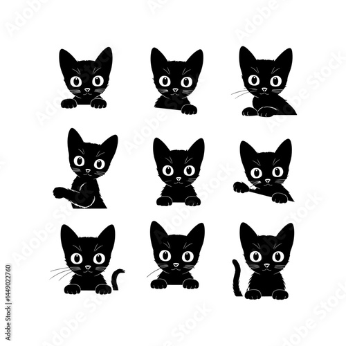 A collection of playful black cat faces peeking out from corners, as if spying or curiously watching you. Stylized, expressive designs perfect for tattoos or minimalistic art