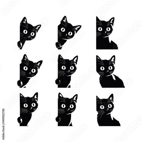 A collection of playful black cat faces peeking out from corners, as if spying or curiously watching you. Stylized, expressive designs perfect for tattoos or minimalistic art