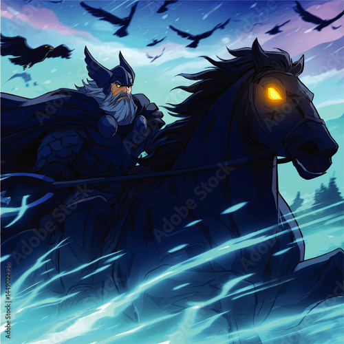 Powerful Norse Viking God Riding Magical Horse in Stormy Fantasy Landscape – Epic Mythology Illustration with Blue Lightning