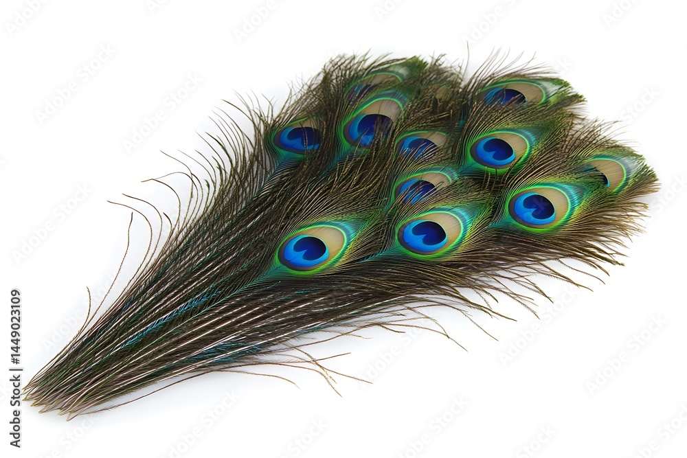 Naklejka premium Vibrant peacock feathers showcasing iridescent blues and greens against a clean white background a stunning display of