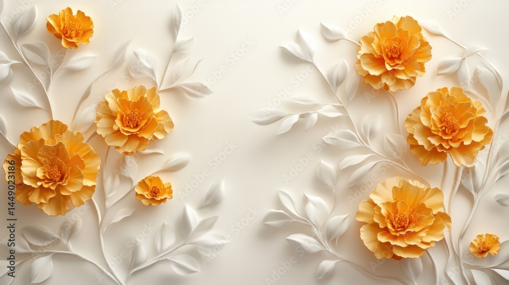 Golden Marigold with Stucco Stems and Leaves An elegant 3D floral background. Elegant 3D Floral Background Featuring Golden Marigold with Stucco Stems and Leaves.
