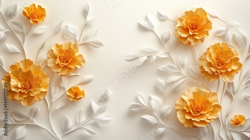 Golden Marigold with Stucco Stems and Leaves An elegant 3D floral background. Elegant 3D Floral Background Featuring Golden Marigold with Stucco Stems and Leaves.