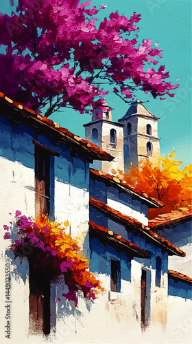 Vibrant Mediterranean Village Street in Spring With Colorful Flowers, Blue Sky, and Historic Church Tower — Oil Painting Style Art