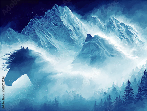 Mystical Blue Horse Silhouette in Snowy Mountain Landscape with Pine Forest—Fantasy Winter Nature Illustration Art