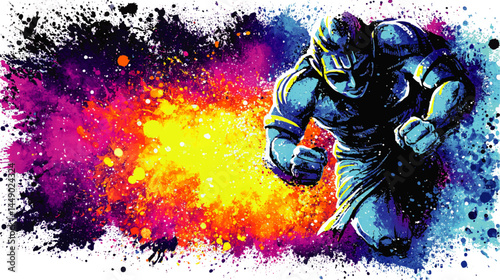 Dynamic Abstract Superhero Sprinting in Vibrant Watercolor Splash, Energetic Blue Comic Character with Colorful Background