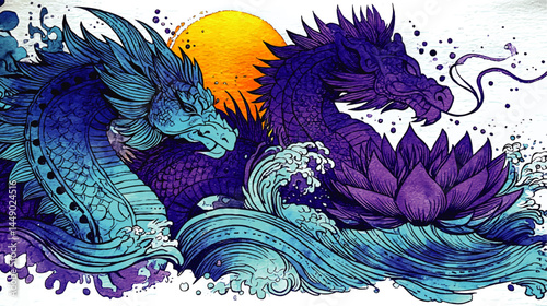 Vibrant Asian Dragon Illustration with Sun, Lotus Flower, and Ocean Waves in Watercolor Ink Art Style