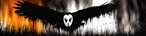 Dramatic Silhouette of Flying Owl in Grunge Landscape with Fiery Orange and Black Gradient Background, Abstract Night Scene