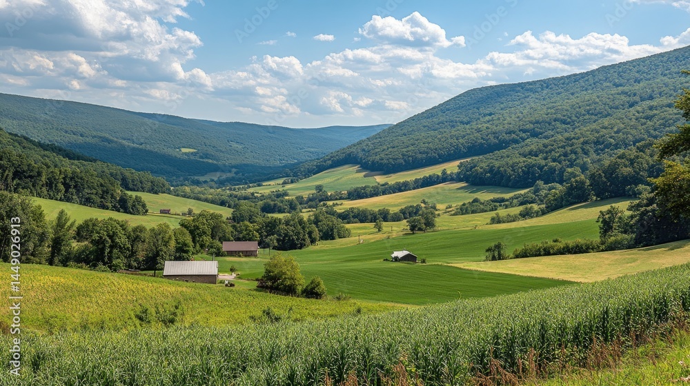 Obraz premium view of hills decorated with trees and clouds