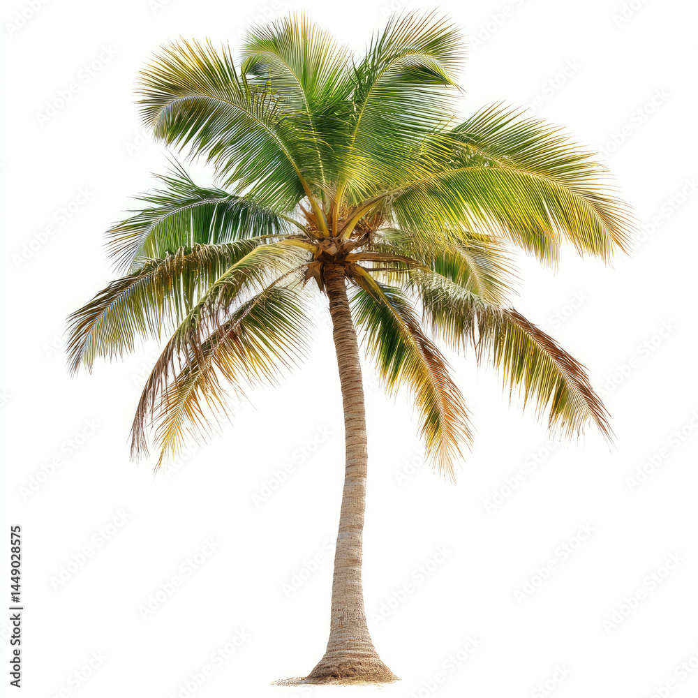Fototapeta premium Tropical palm tree against white background. Healthy, lush foliage. Tall, slender trunk