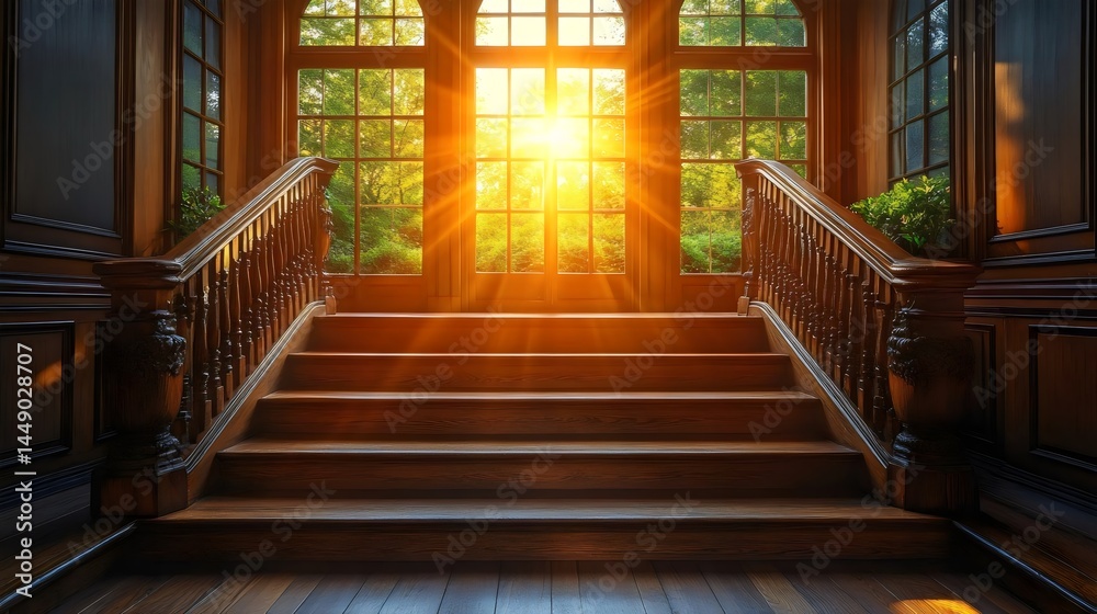 Obraz premium An inviting wooden staircase bathed in warm sunlight, offering a beautiful view.