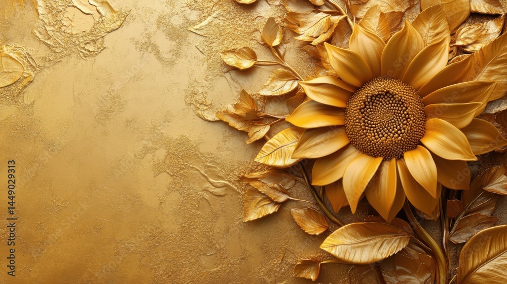Golden sunflower with Stucco Stems and Leaves An elegant 3D floral background. Elegant 3D Floral Background Featuring Golden sunflower with Stucco Stems and Leaves.
