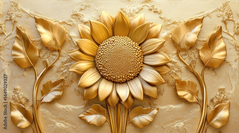 Golden sunflower with Stucco Stems and Leaves An elegant 3D floral background. Elegant 3D Floral Background Featuring Golden sunflower with Stucco Stems and Leaves.