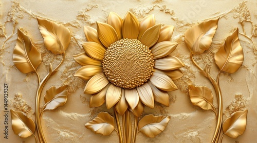 Obraz na płótnie Golden sunflower with Stucco Stems and Leaves An elegant 3D floral background. Elegant 3D Floral Background Featuring Golden sunflower with Stucco Stems and Leaves. w salonie