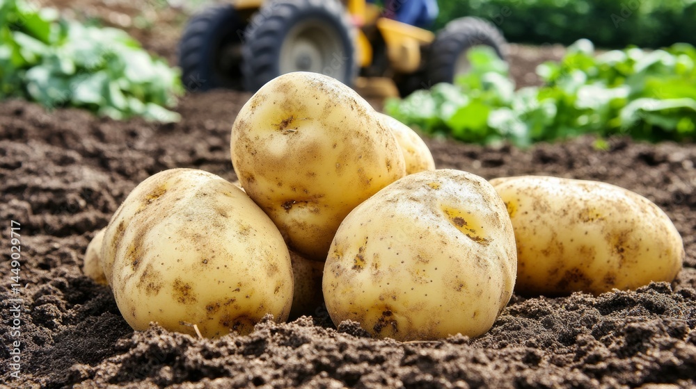 Fresh organic potatoes harvested from the soil with a tractor and farmer working in the background Fresh organic potatoes harvested from the soil with a tractor and farmer working in the background