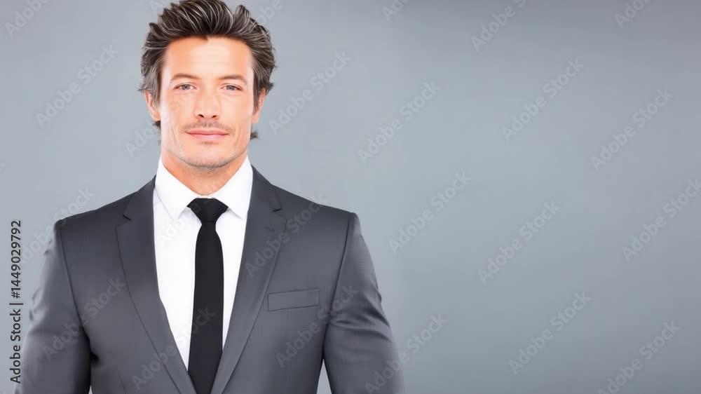 Confident businessman in a suit posing with a charming smile against a gray background showcasing professionalism Confident businessman in a suit posing with a charming smile against a gray background showcasing professionalism