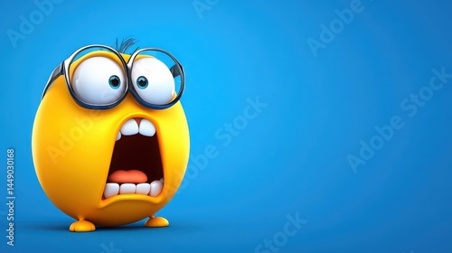Surprised Yellow Cartoon Face with Glasses on Solid Blue Background