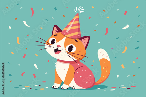 A cute kitten wearing a festive birthday hat, surrounded by colorful presents and balloons, celebrating its special day.