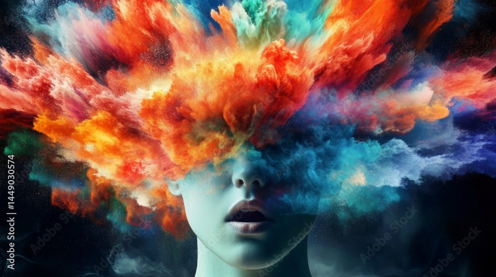 Colorful burst of energy symbolizes mental overload and creativity while expressing stress and burnout feelings Colorful burst of energy symbolizes mental overload and creativity while expressing stress and burnout feelings
