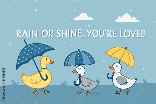 A charming illustration of a duck family, parents and ducklings, cheerfully walking together under colorful umbrellas in a light rain.
