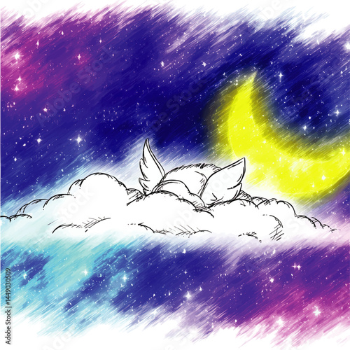 Whimsical Night Sky Illustration with Sleeping Fantasy Creature, Fluffy Clouds, Crescent Moon, Colorful Galaxy Stars Background