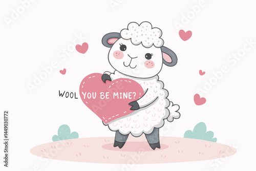 A cute cartoon sheep, wearing a red bow tie, holds a heart-shaped speech bubble saying "Wool you be mine?".  He's surrounded by fluffy white wool.