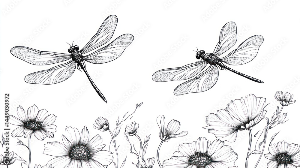 custom made wallpaper toronto digitalBotanical sketch of two dragonflies in a flower field. Use Stock photo