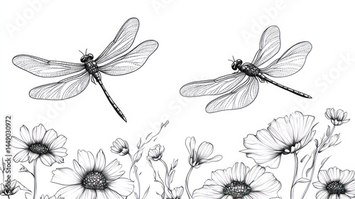 Wallpaper Mural Botanical sketch of two dragonflies in a flower field. Use Stock photo Torontodigital.ca