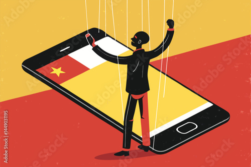 A stylized illustration depicting a human figure manipulated by invisible puppet strings controlled by a smartphone, symbolizing technological control over individuals.