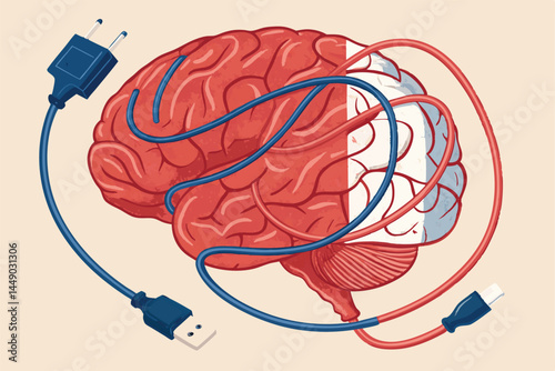 A human brain intricately entangled with a chaotic mass of charging cables, representing technological dependence and cognitive overload.