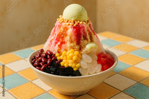 Colorful Malaysian shaved ice dessert Ais Kacang with sweet toppings and ice cream photo