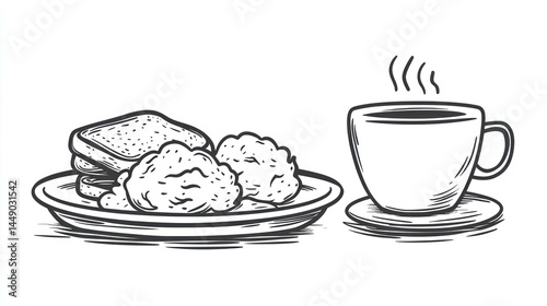 Breakfast plate with coffee, vintage line art photo