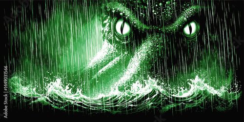 Dramatic Green Kraken Sea Monster Illustration with Glowing Eyes Emerging from Ocean Waves in Heavy Rain – Mythical Creature Art