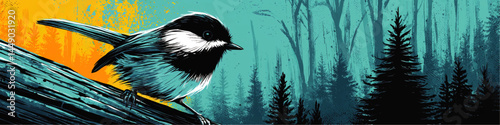 Vibrant Chickadee Bird Illustration on Tree Branch with Colorful Sunrise Forest Background – Modern Nature Vector Art