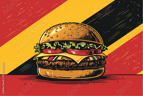 Design a bold, vibrant vector poster advertising a fast-food restaurant, emphasizing speed and deliciousness.  Include appetizing food imagery.