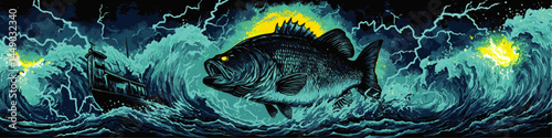 Dramatic Stormy Ocean Scene with Giant Fish and Fishing Boat, Vibrant Digital Art Illustration, Lightning and Waves
