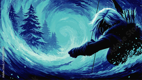 Epic Arctic Archer in Winter Snowstorm – Fantasy Warrior Woman with Bow and Arrow, Blue Digital Art Illustration