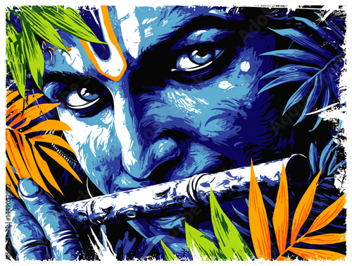 Vivid Abstract Portrait of Lord Krishna Playing Flute with Colorful Leaves – Blue Hindu Art for Spiritual and Cultural Decor