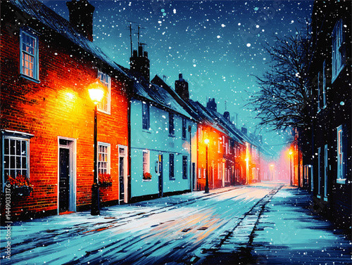 Cozy Winter Night Street Scene with Colorful Houses, Snowfall, and Warm Vintage Lamp Posts – Vibrant Urban Holiday Background