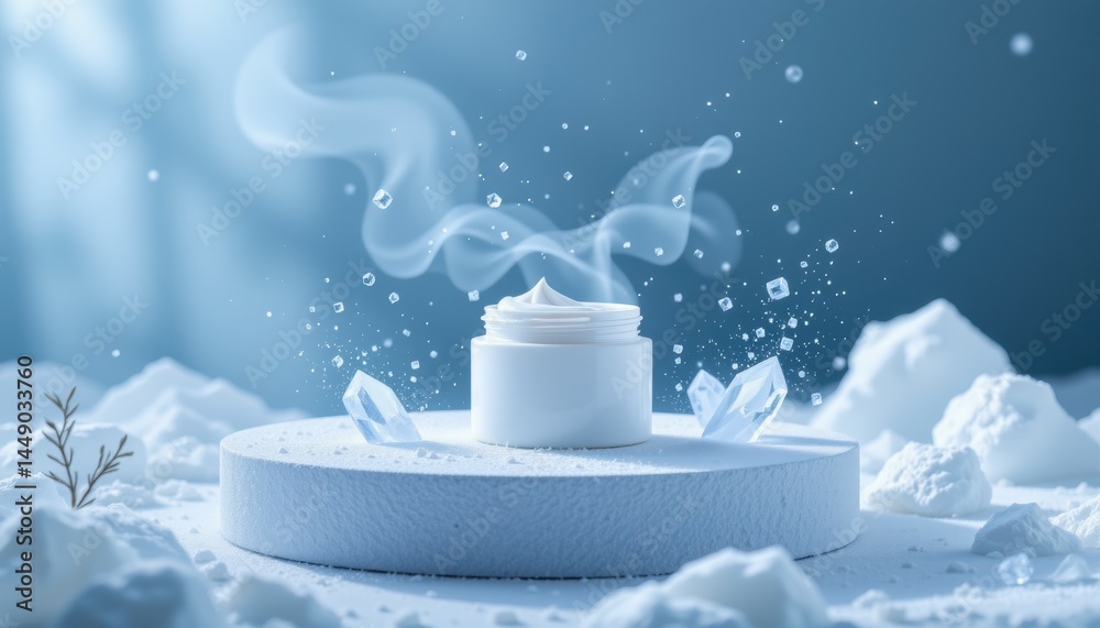 Whitening cream jar on snowy white display serene setting product photography fine art elegant concept