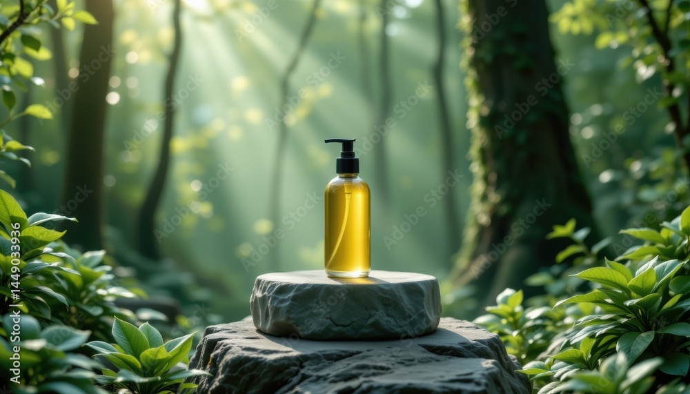 Elegant toner bottle on jade stone surrounded by lush greenery nature tranquil forest scene aesthetic beauty