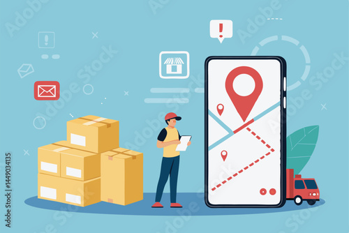 Design a bold vector illustration of a user-friendly order tracking app interface, showcasing real-time delivery location and status updates.