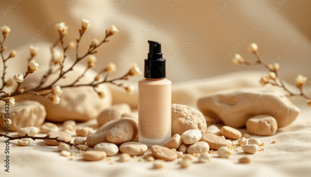 Elegant natural cosmetic foundation on bed of stones soft lighting product photography minimalistic style