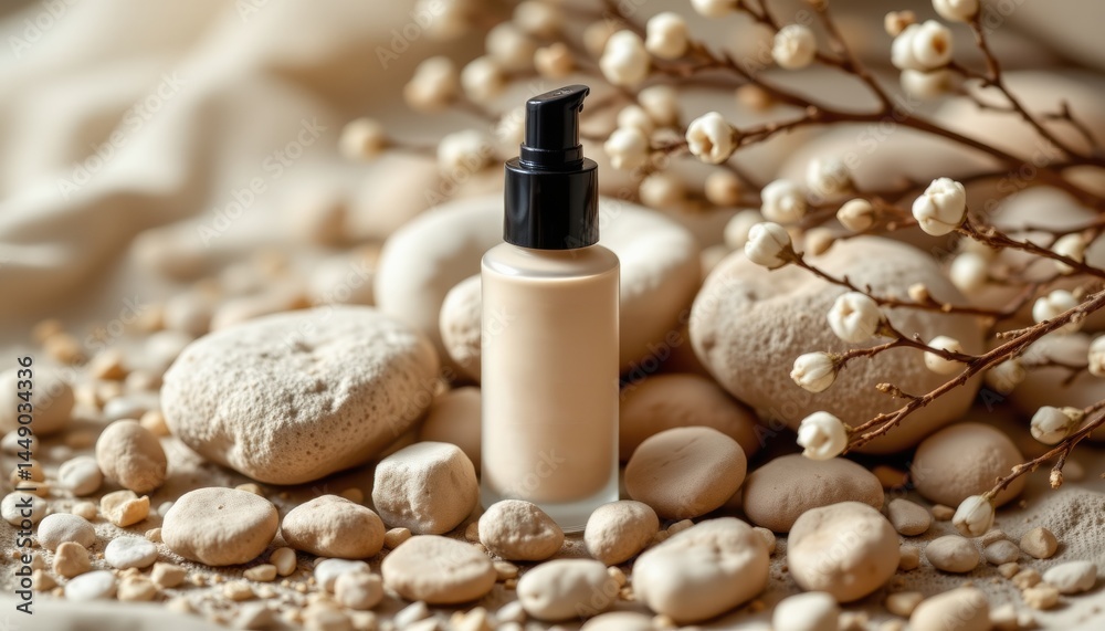 Elegant natural cosmetic foundation display among smooth stones tranquil setting product photography natural aesthetics