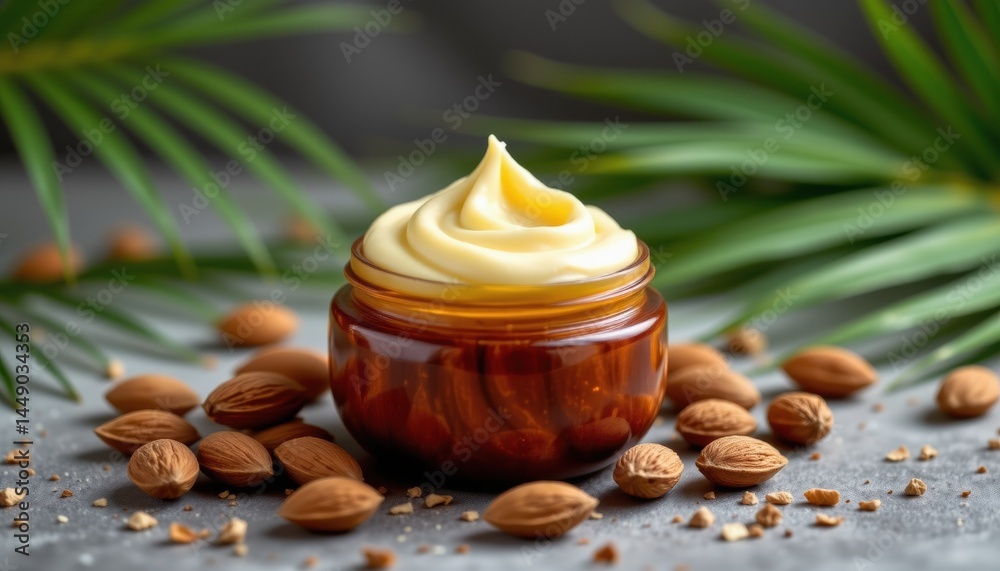 Natural cosmetic body butter photo with almonds tropical setting beauty product refreshing environment close-up view