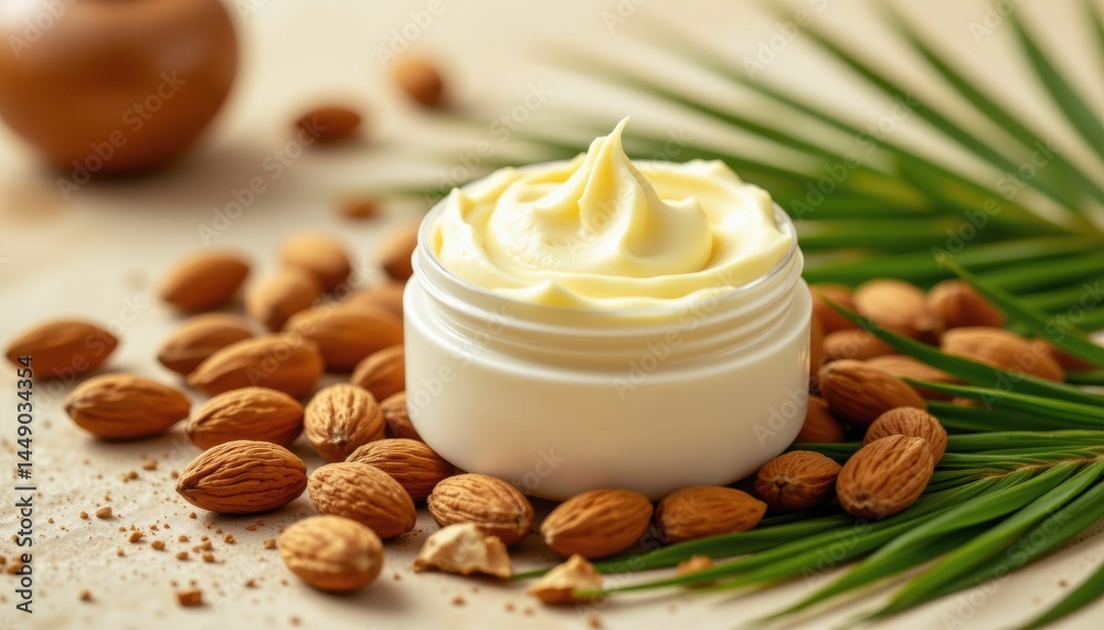 Natural cosmetic body butter photo with almonds spa environment close-up viewpoint organic concept