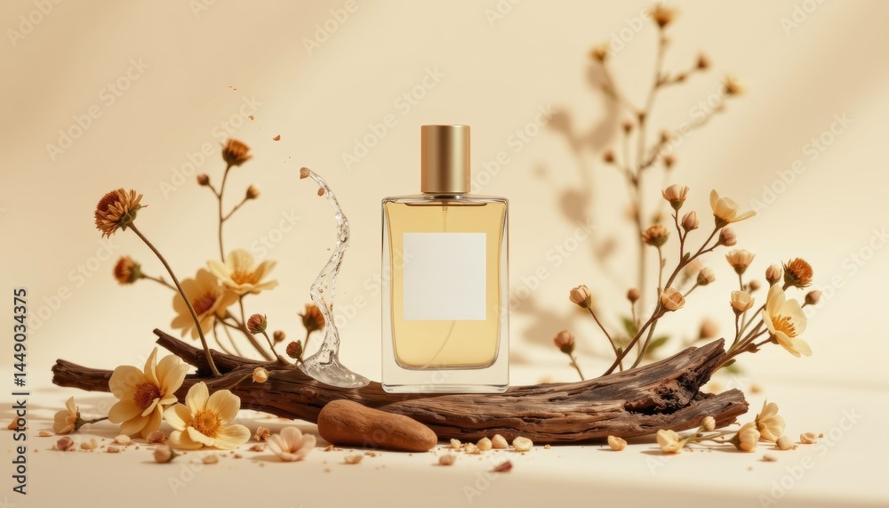 Nature-inspired minimalist perfume bottle display among flowers and wood serene environment artistic perspective